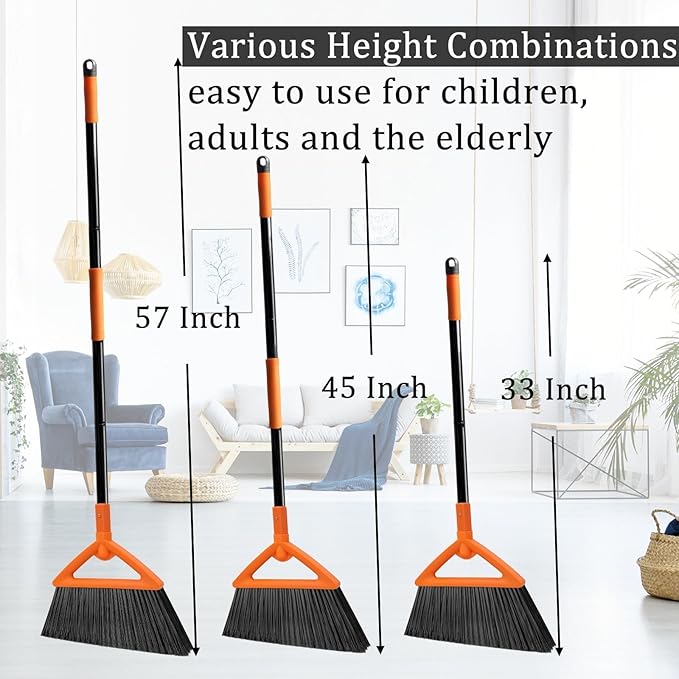 Heavy Duty Angle Broom 4 Pack - Orange Broom for Outdoor & Indoor, Garage, Driveway, Sidewalk, Kitchen & More, Long Handle