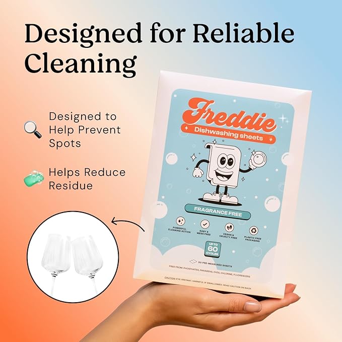 Freddie Dishwasher Sheets Fragrance Free - Space-Saving Alternative to Liquid Detergent - 60 Loads Concentrated Plastic Jug Free Strips