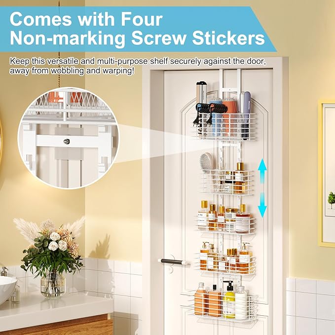 Yuyetuyo 5-Tier Over The Door Organizer Bathroom Shelves Hair Tool Organizer - Hair Dryer Holder Adjustable Height, DIY Bathroom Storage Shelf Wall Mounted Behind The Door Storage