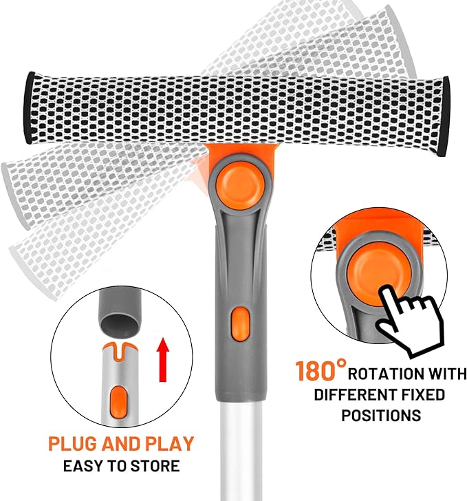 eazer Professional Window Squeegee, 2-in-1 Rotatable Squeegee for Window Cleaning Kit, Window Cleaner Tool, Window Washing Equipment Kit with Extension Pole (20''-30'') for Shower/Windshield - 2 Head