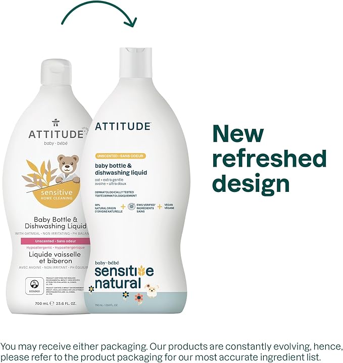 ATTITUDE Baby Bottle & Dish Soap with Oat Extract, EWG Verified Bottle Cleaner For Sensitive Skin, Fragrance Free & Dye Free, Removes Milk Residue & Grease, Vegan, Unscented, 23.7 Fl Oz