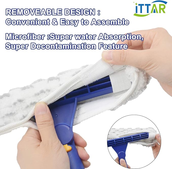 ITTAR Rotatable Window Cleaning Kit, Glass Cleaner Tool with 60" Extension Pole, Rubber Squeegee & 2 Microfiber Pads Combo, Window Washing Equipment for Cleaning Shower, High Windows, Car Glass