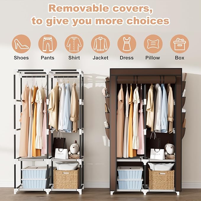 Portable Closet for Hanging Clothes, Portable Wardrobe Closet with Cover, 4 Storage Shelves, 2 Hanging Rods and 8 Side Pockets Easy Assembly and Sturdy Free Standing Closet for Bedroom Brown