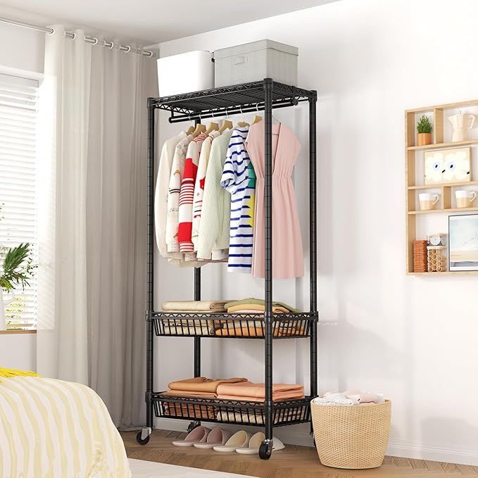 Heavy Duty Clothes Rack Rolling Garment Rack,3 Tier Adjustable Wire Shelving Clothing Racks for Hanging Clothes with Double Rods&Side Hooks,Freestanding Wardrobe Storage Rack Metal Portable Closet