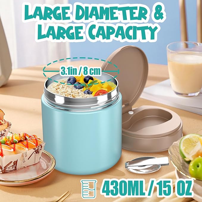 Insulated Food Jar for Kids - 15.2 Oz, Thermo for Hot Food, Soup Thermo, Insulated Food Container, Termos Para Comida Caliente, Width Mouth Stainless Steel Lunch Box with Spoon, Blue