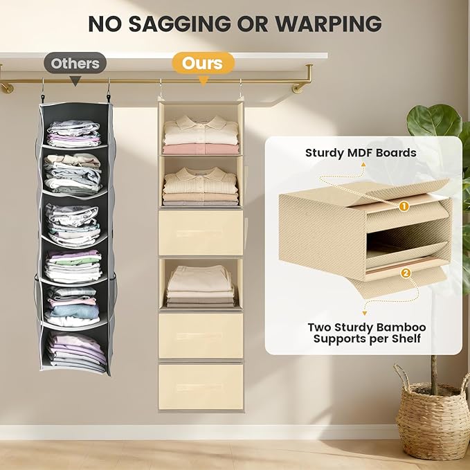 Hanging Closet Organizer 6-Shelf with 3 Drawers & Side Pockets, Closet Organizers and Storage for Dorm, Nursery & Wardrobe Organization, Hanging Shelf Clothes Organizer for Sweaters, Shoes, Beige