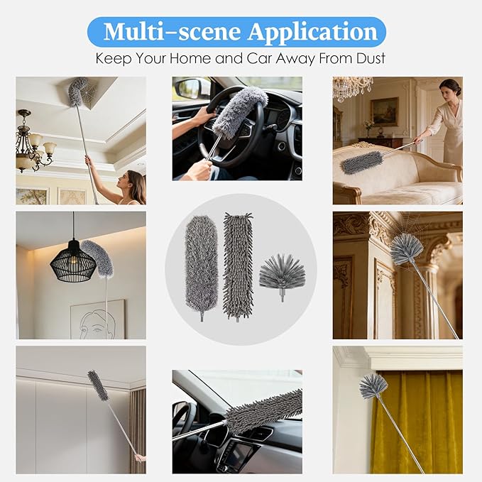 Microfiber Feather Duster 5-in-1 Kit with Extension Pole, Washable Cleaning Duster Set with 3 Duster Heads, Cobweb Duster, Corner Brush, 100'' Extendable Long Duster for High Ceilings, Fans, Furniture