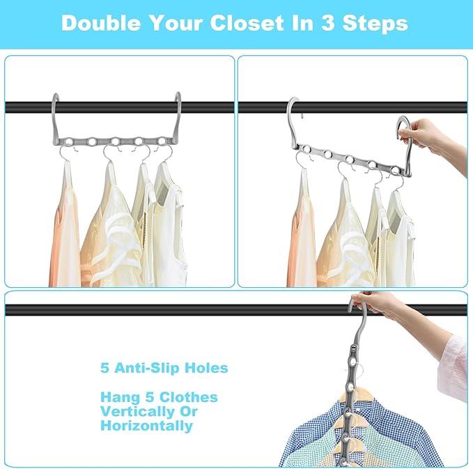 DUCOO Space Saving Hangers 10 Pack, Heavy Duty Magic Cascading Hanger Organizer with 5 Enclosed Anti-Slip Holes, Closet Organizers and Storage for Clothes, College Dorm Room Essentials, Gray
