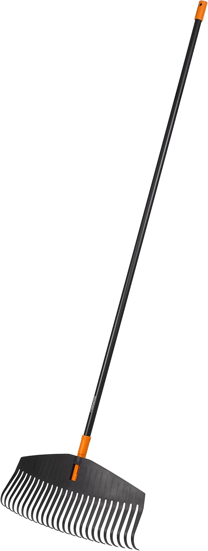 Fiskars Solid Broom, 25 prongs, Length: 175 cm, Width: 52 cm, Plastic Prongs/Aluminium Handle, Black/Orange, L, Solid, 1003465