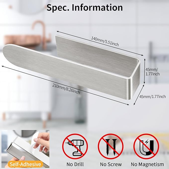Adhesive Hand Towel Holder, 8 Inch Towel Holder for Bathroom Wall Mounted, Self Adhesive Square Stick on Towel Bar Wall for Kitchen Cabinet RV, Brushed Nickel (2 Pack)