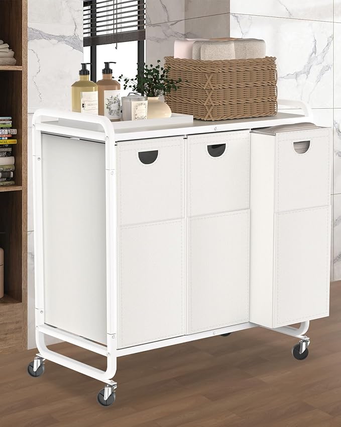 Laundry Sorter 3 Section,Laundry Basket with Wheels,3×15.8 Gal (60L) Laundry Hamper Organizer with Large Wooden Desktop Sorter,Pull-Out and Removable Laundry Bags (Creamy White, 3 Bags - 180L)