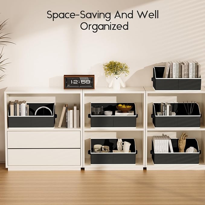 Large Closet Organizers and Storage Bins - 8 Pack Trapezoid Storage Baskets for Shelves, Foldable Fabric Baskets with Handles Ideal for Closet, Basket, Wardrobe and Shelf Storage, Black