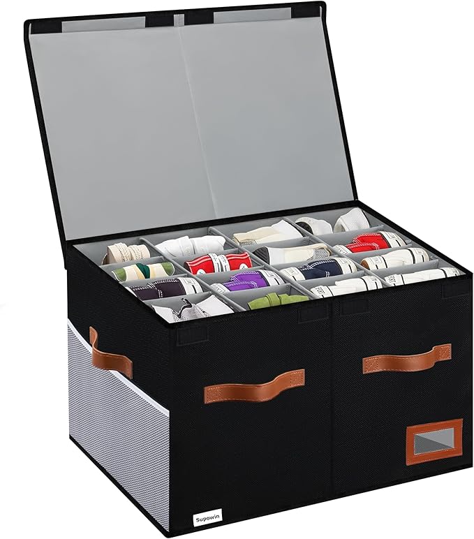 Supowin Shoe Organizer for Closet, Foldable Shoe Storage Bins with Lid & Adjustable Dividers, Fabric Shoe Box Storage Containers with Four Reinforced Handles, Fits 16 Pairs, 1 Pack, Black