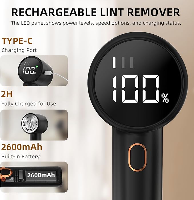 Fabric Shaver, Lint Remover Rechargeable, Electric Portable Sweater Defuzzer with 3 Speeds, 6 Leaf Blades, Digital LED Display to Remove Pilling for Clothes, Furniture, Sweater, Couch, Blanket