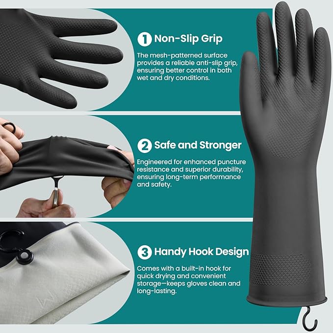 4 Pairs Rubber Dishwashing Gloves with Hanging Hooks - Reusable Cleaning Gloves for Kitchen & Household, Non-Slip, Durable and Flexible (Medium, 4 Colors)