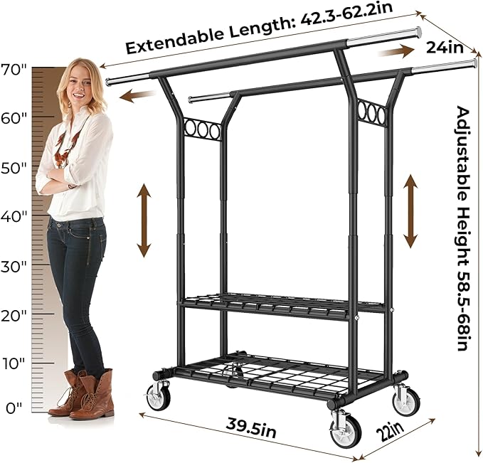 HYSEYY Heavy Duty Clothes Rack, Rolling Clothing Rack With Shelves Load 620 LBS, Double Rod Clothing Racks for Hanging Clothes, Portable& Adjustable Clothes Rack with Wheels,Black