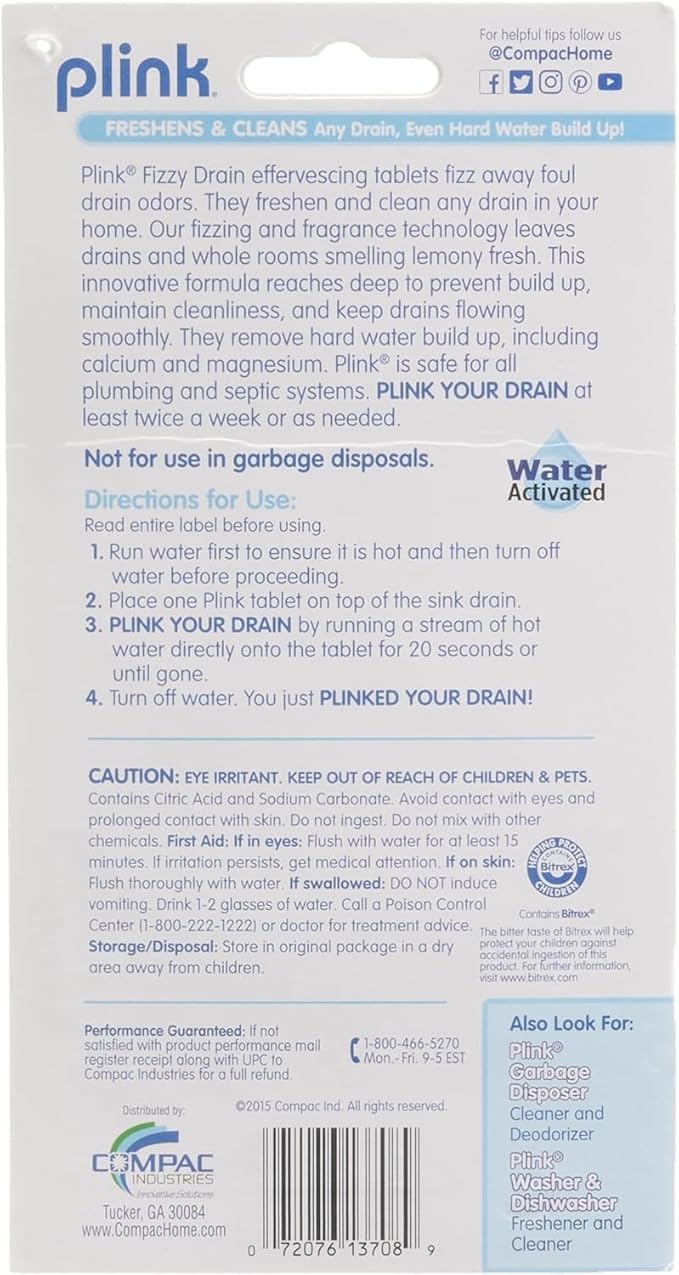 COMPAC HOME Plink Sink Drain Cleaner and Deodorizer, Air Fresheners for Garbage Disposal, Lemon Scented, Home Accessory Cleaning Products for Kitchen and Clogged Drain, 6 Tablets (Pack of 1)