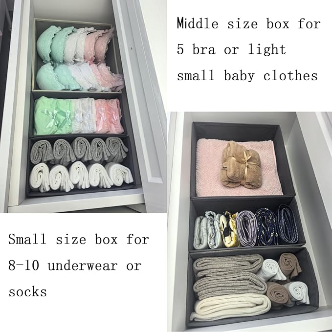 Bructhun Drawer Organizer Set of 4 Khaki - Fabric Storage Bins for Clothes, Underwear, Socks & Bras - 11" Dresser Dividers for Bedroom Closet