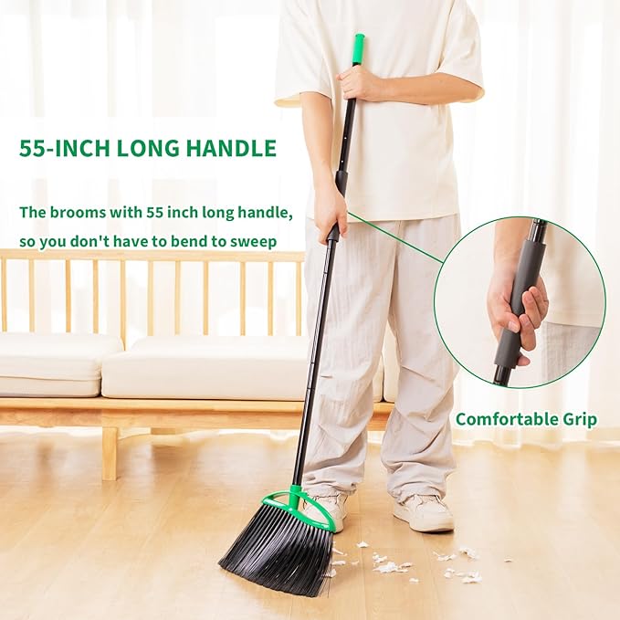 2 Pack Heavy Duty Brooms, 55" Long Handle Indoor Outdoor Angle Broom Set, Household Commercial Floor Cleaning, for Sweeping Home, Kitchen, Deck, Garage, Patio - Green