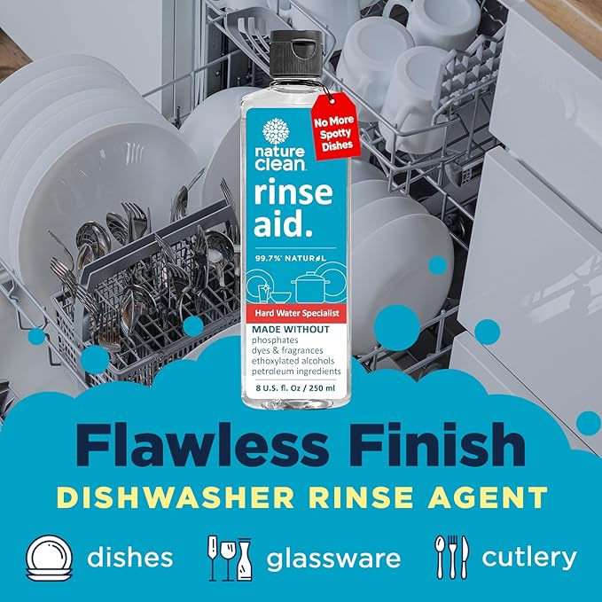 Nature Clean Dishwasher Rinse Aid Liquid, Non Toxic Natural Formula, Spot Free Shine for Glasses & Dishes, Hard Water Stain Remover, Dishwasher Drying Agent, 8 oz/250 ml Pack of 6