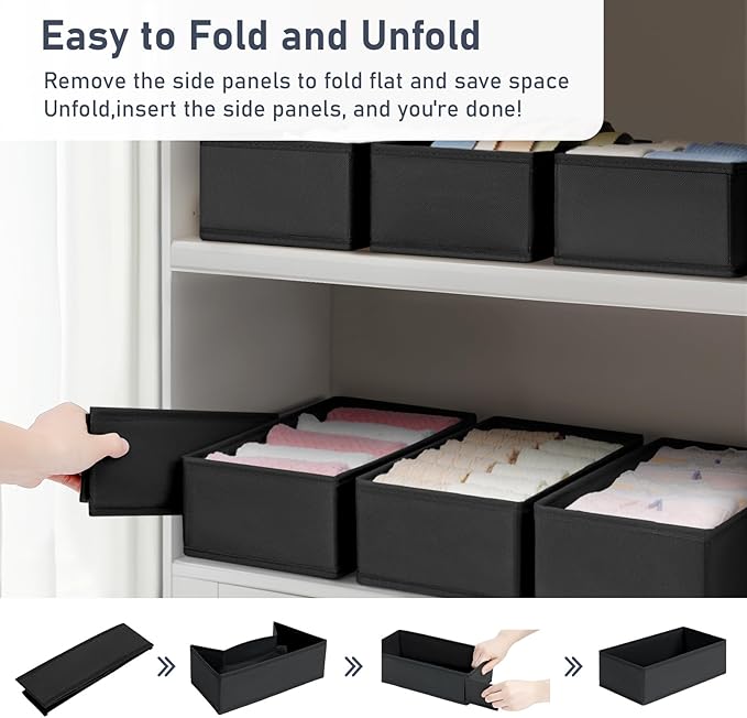 DIMJ Drawer Organizer Clothes - Underwear Organizer Small Closet and Storage Box Dresser Organizer,Drawer Dividers for Baby Clothes,Bra,Socks, Belt, Tie, Set of 6,Black