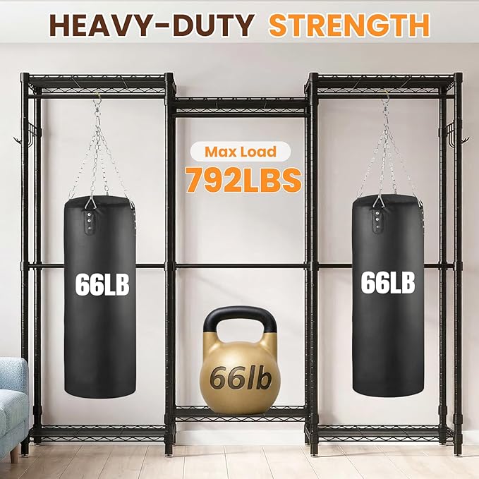 Extra Large Clothes Rack, Heavy Duty Clothing Rack for Hanging Clothes, Freestanding Clothing Rack Closet, Adjustable Metal Garment Rack, Portable Closet 76.4"W x 15.7"D x 68.5"H, Hold 792 lbs, Black