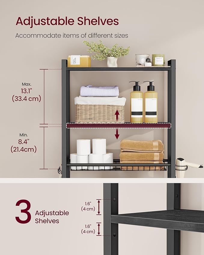 VASAGLE Over the Toilet Storage, Over Toilet Bathroom Organizer with Adjustable Shelves and Basket, 3 Hooks, Space Saving, 9.4 x 23.6 x 63 Inches, Ebony Black UBTS113BE01S