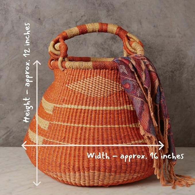 Home & Kitchen Decor, Wicker Basket, Picnic Basket, Living Room Basket, Organizing, Harvesting, Foraging, Fruit Storage, Hand Woven, Pot Shape, 16" Wide, Boho - Orange