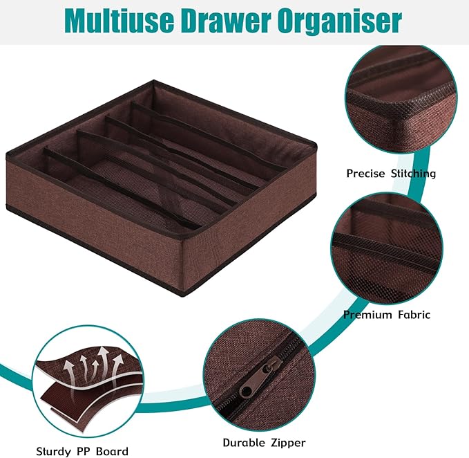 Drawer under Cabinet Clothes Organizer 5 Cell Foldable Storage Cubes Underwear Drawer Organizer Dividers Storage Boxes for Bra, Underwear（Coffee）