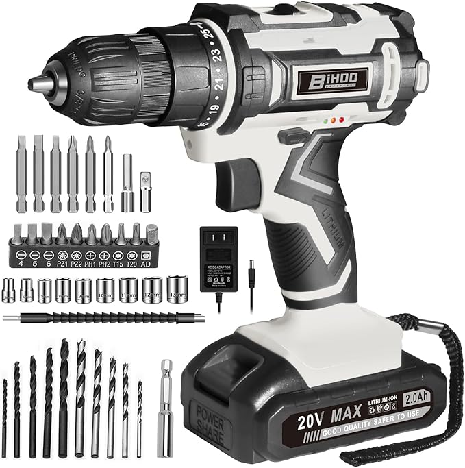 Cordless Drill Set,20V Drill Driver with Battery and Charger,3/8-Inch Keyless Chuck, Variable Speed,with Drills Bits Set,Gray