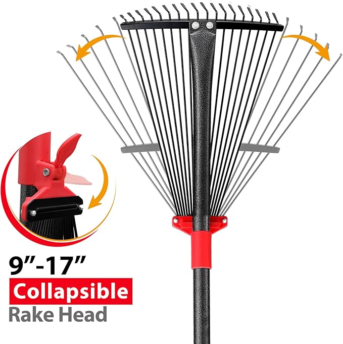 Adjustable Garden Leaf Rake for Lawns - Heavy Duty Metal With 18 Clog-Free Tines, 9"-17" Collapsible Head, 75 in Long Handle - Yard Tools for Gardening, Camping, Fast Cleanup