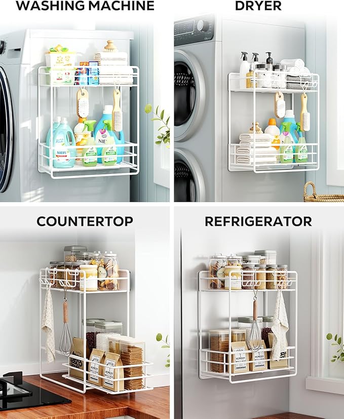 Nieifi 2 Tier Magnetic Shelves for Washing Machine, Magnetic Spice Rack for Refrigerator, Laundry Room & Kitchen Organizer Storage Baskets, White