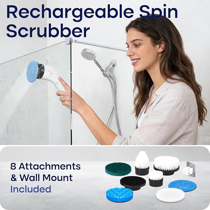 Electric Spin Scrubber for Cleaning, Adjustable Shower Brush with 7 Replaceable Heads & Power LED Display, 2 Speed Waterproof Cordless Shower Scrubber for Bathtub, Kitchen, Car, White