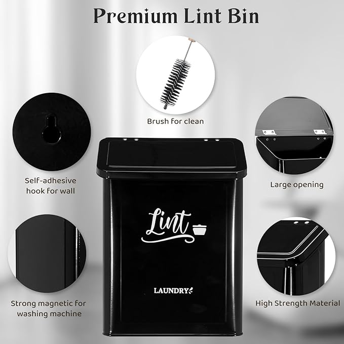 CINPIUK Magnetic Lint Bin for Laundry Room with Brush & Hook - Large Laundry Organizer and Storage, Wall Mounted Trash Can with Lid, Space-Saving Dryer Lint Holder Laundry Room Decor, Black