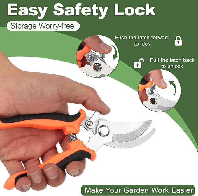 Pruning Shear, Premium Gardening Scissors for Rose Bushes, 7.5IN Garden Pruner Effortlessly Cuts 0.6IN Branches with Stainless Steel Blades Softgrip, One-Hand Lock Garden Clippers for Shrubs