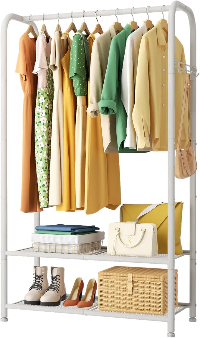SINGAYE Clothing Racks Portable for Hanging Clothes Garment Rack Heavy Duty Clothes Rack Storage Coat Hanger Stand Portable Closet to Hang with Shelves Wardrobe Standing Organizer Drying White