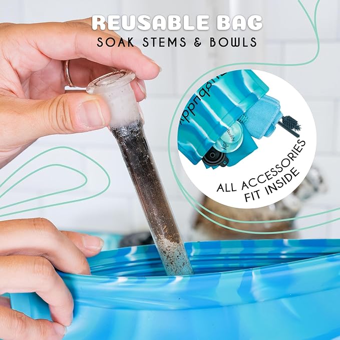 Glass Cleaning Kit - Reusable Silicone Accessories - Complete Kit to Clean your Piece, Just Add Cleaner - Reusable Soaker Bag, Brushes, Mat, Caps & Plugs, Funnel, & Microfiber Towel