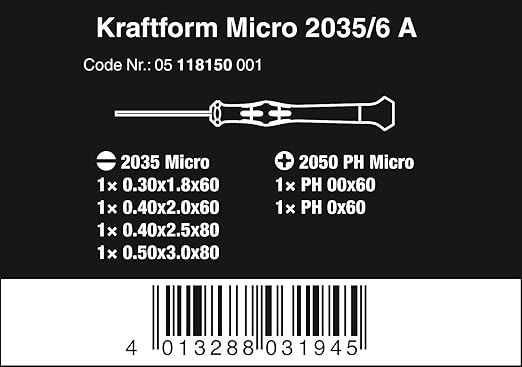Wera 2035/6 A Kraftform Micro Slotted/Phillips Electronics Screwdriver Set and Rack, 6-Pieces
