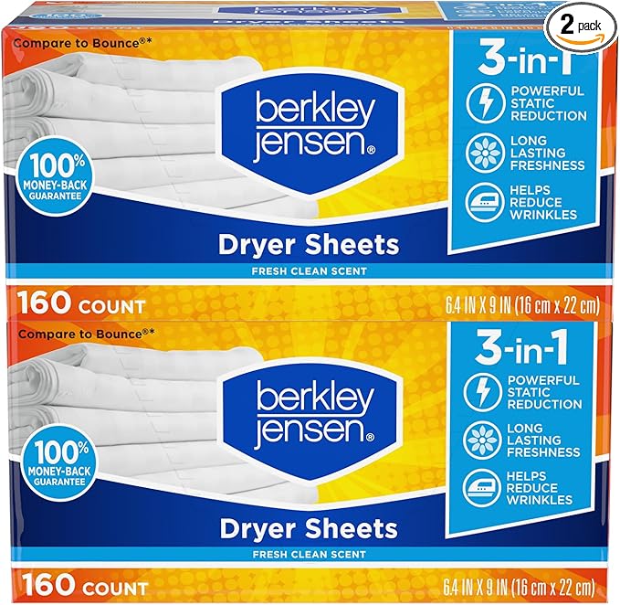 Berkley Jensen Soft and Fresh Dryer Sheets, 320 Sheets (Pack of 2, 160ct Each) - 3-in-1 Anti Static Wrinkle Release Scented Dryer Sheets - Ideal for All Dryers - Fabric Softener Sheets w/Fresh Scent