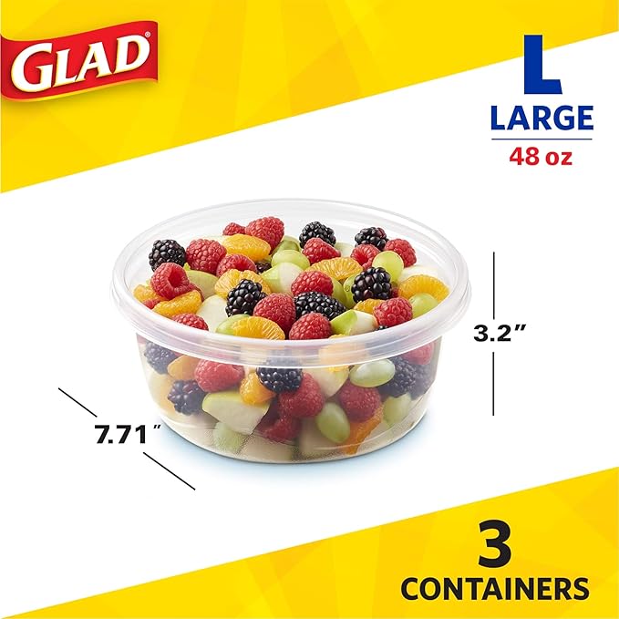 Glad GladWare Big Bowl Food Storage Containers with Lids, Large Round No BPA Plastic Containers for Soups, Salads, and Meal Prep, Lock Tight Seal, Microwave Dishwasher Safe, 48 Oz, 3 Count - 6 Pack