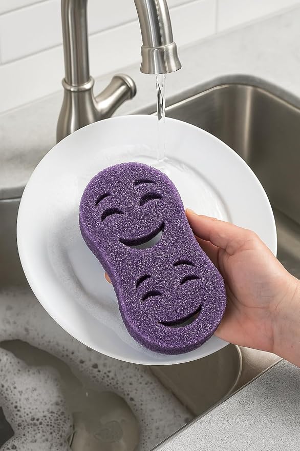 Smilyeez Double-Size Scrub Moji Sponge 2-Pack – Dual Smiling Faces, Temperature-Responsive Scrubber – Scratch-Free, Odor & Stain Resistant – Purple