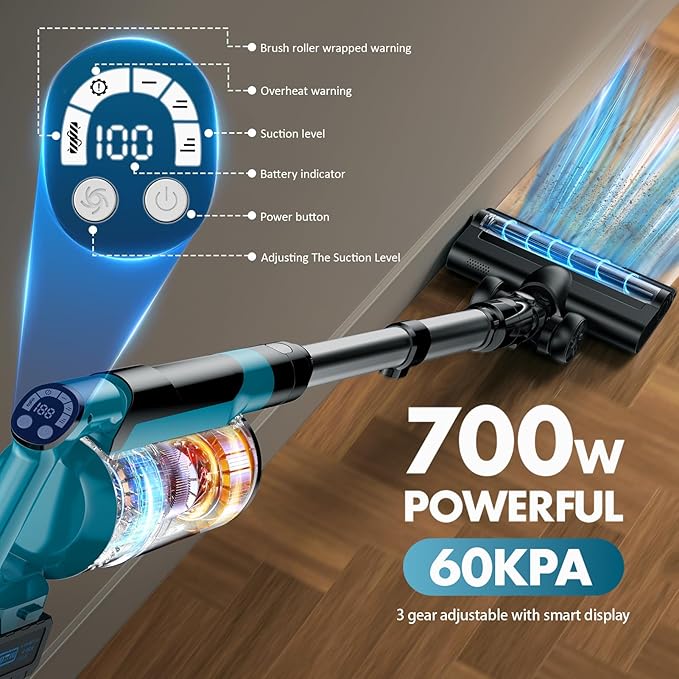 700W Cordless Vacuum Cleaners for Home with 2*Battery 8000mAh, 60kPa Brushless Rechargeable Stick Vacuum with 3 Mode, 6 In 1 Portable Handheld Cordless Vacuum for Pet Hair /Hardwood Floor/Carpet /Dorm
