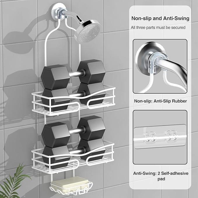 DAOYA Over Head Shower Caddy - Bathroom Shower Organizer with Soap Holder & 6 Hooks for Towels, White, 76L Capacity, Hanging Mount, Rust Resistant