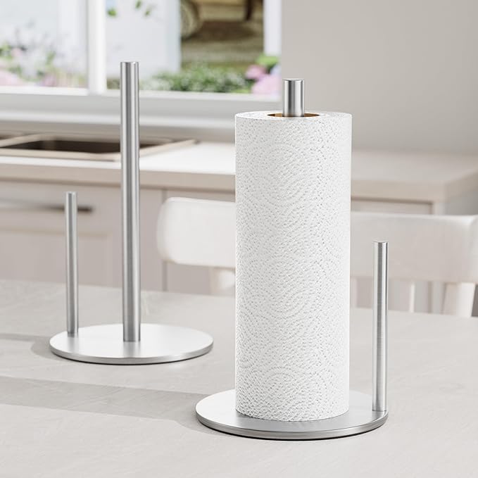 Paper Towel Holder Silver, Premium Stainless Steel Kitchen Roll Dispenser, Countertop Roll Organizer with Weighted Base