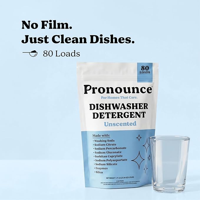 Pronounce Dishwasher Detergent Powder - Cleaner Ingredients, Fragrance Free - Ultra Concentrated, Cuts Grease and Grime, Dishwasher Pods Alternative (Residue-Free). (80 Loads, Unscented)