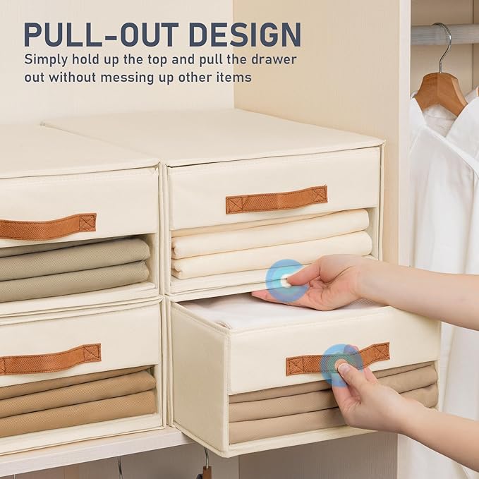 DIMJ Closet Organizers and Storage - Foldable Storage Bins with Drawers Fabric Stackable Storage Drawers with Clear Window,Fabric Clothes Organizers and Storage Drawers for Closet, 6-Pack, Beige