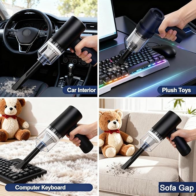 2-in-1 Wireless Handheld Vacuum & Air Duster, Portable with Strong Suction, LED Light and Multi-Nozzles, Perfect for Car Interior, Home, Office, Pet