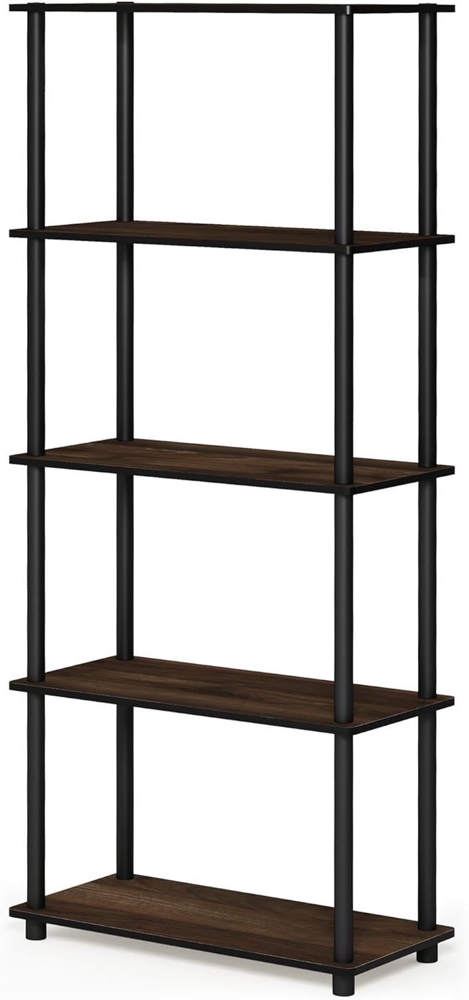 Furinno TURN-N-TUBE Storage Shelves, 5-Tier Book Shelf, Corner Shelf, Toolless Open Shelves, for Organization and Storage, Living Room, Garage, Home Office, Columbia Walnut