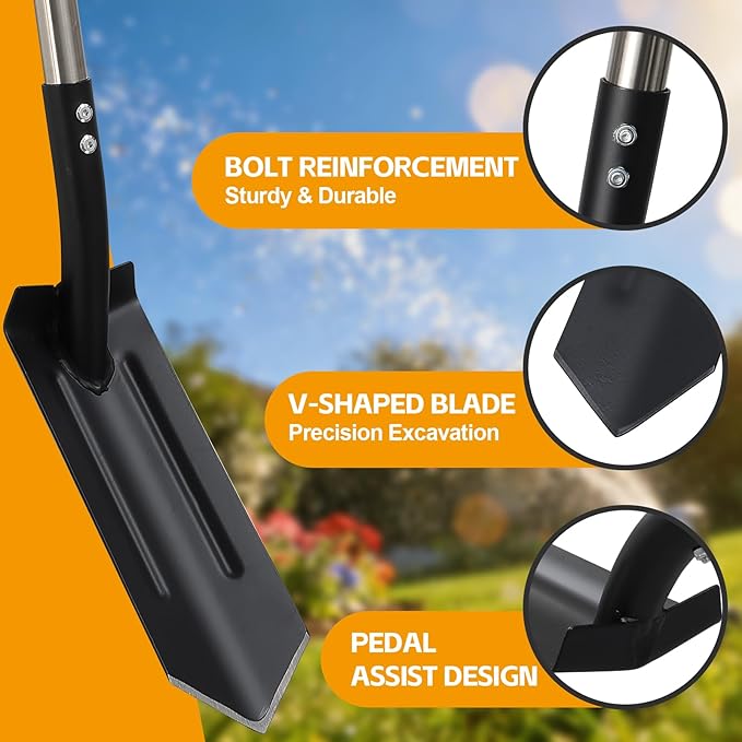 Stainless Steel Trench Shovel,4-Inch V-Shape Narrow Trenching Spade–Heavy Duty Professional Garden & Landscaping Tool with 60-Inch Adjustable Long Handle &Foot Pedal for Digging,Edging,and Entrenching