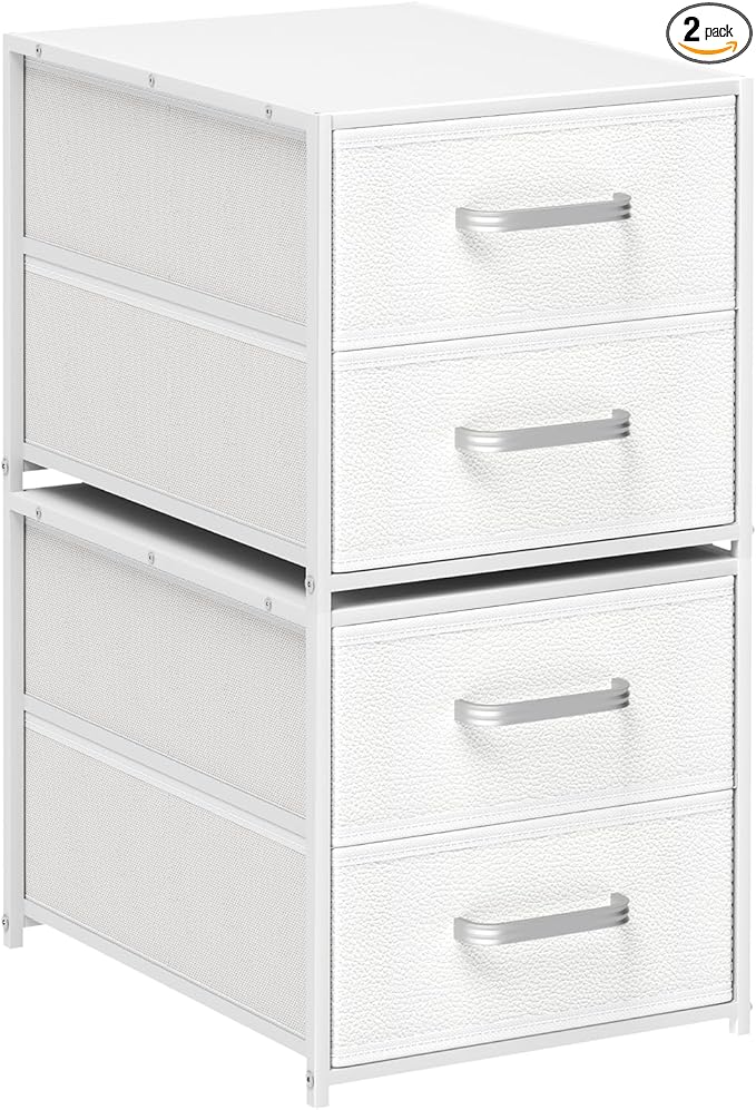 Homsorout Stackable Storage Drawers - 2 Tier Closet Drawers, Closet Organizer with Metal Handles, Night Stand with Collapsible Bins, Fabric Dresser for Bedroom, Dorm, Office, White, 2 Pack